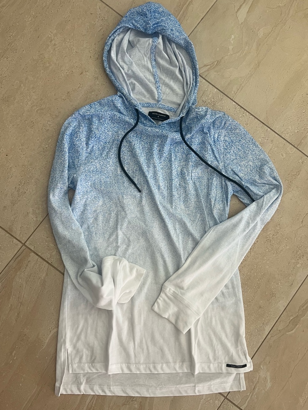 Ocean Current Blue to White Ombre Hooded Long Sleeve Top mens small